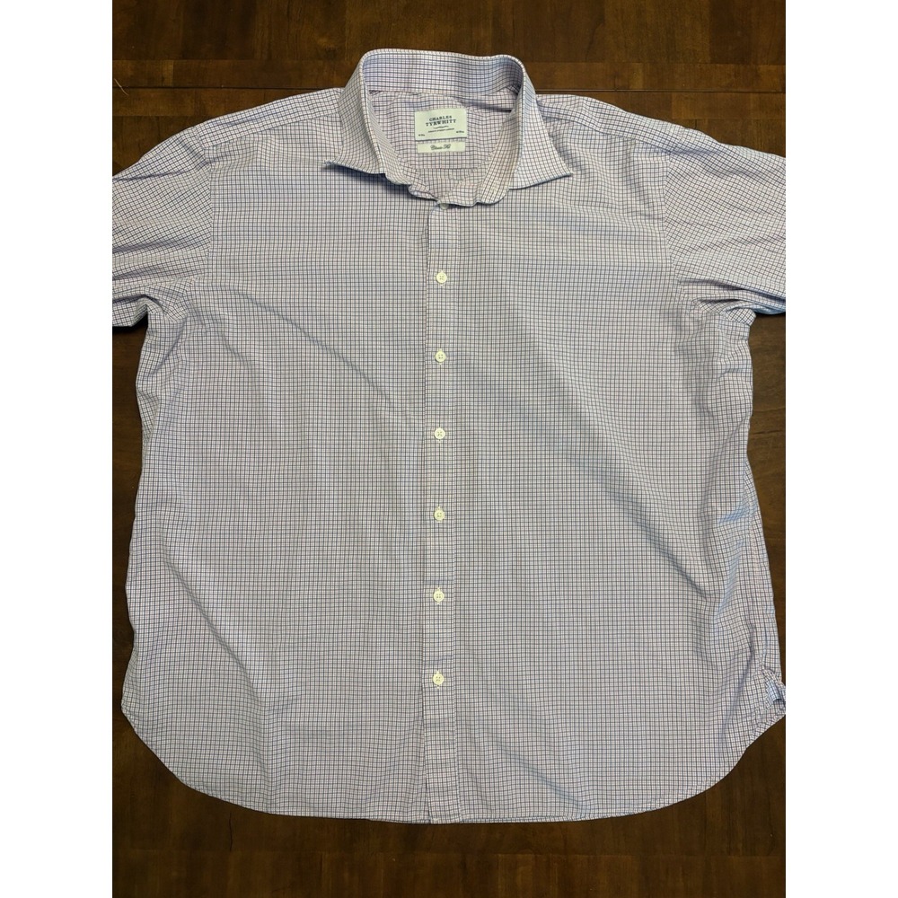 Charles Tyrwhitt Mens Dress Shirt Classic Fit Check Button Up Blue Pink 18 35